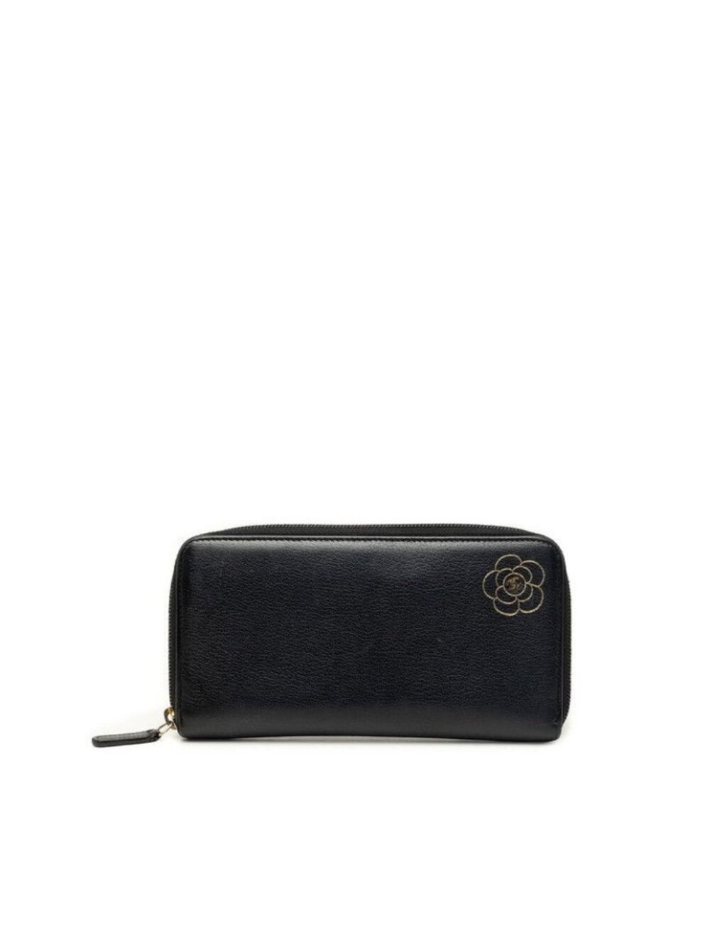 Chanel Camellia CC Logo Zip Around Wallet Black Gold Leather